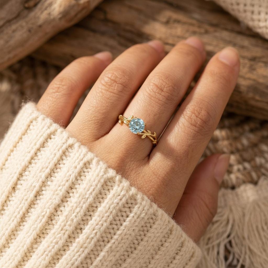 0.8ct Aquamarine Ring, Vintage Round Aquamarine Ring, Custom Stacking Ring, March Birthstone Ring, Vine Nature Ring