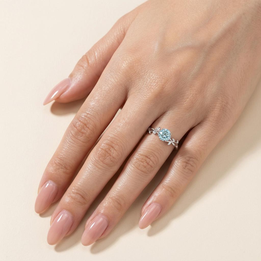 0.8ct Aquamarine Ring, Vintage Round Aquamarine Ring, Custom Stacking Ring, March Birthstone Ring, Vine Nature Ring