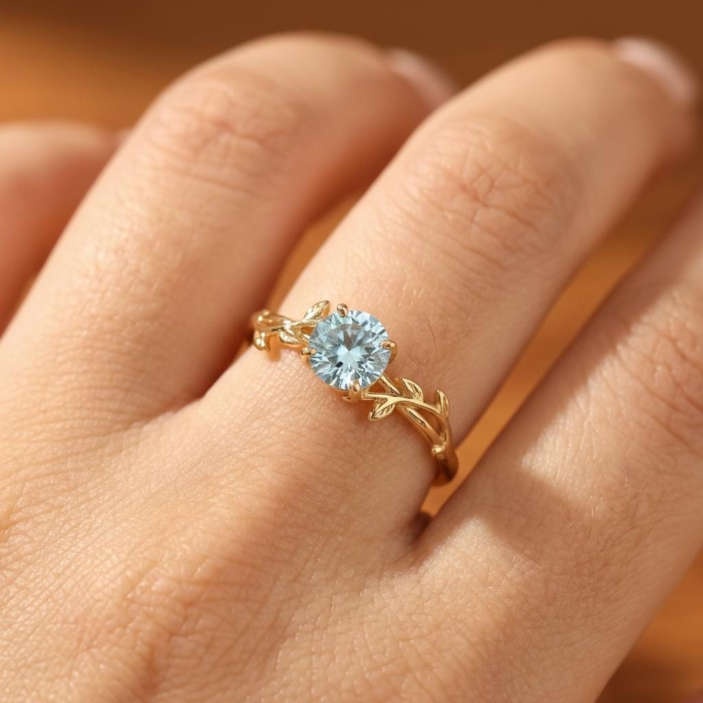 0.8ct Aquamarine Ring, Vintage Round Aquamarine Ring, Custom Stacking Ring, March Birthstone Ring, Vine Nature Ring