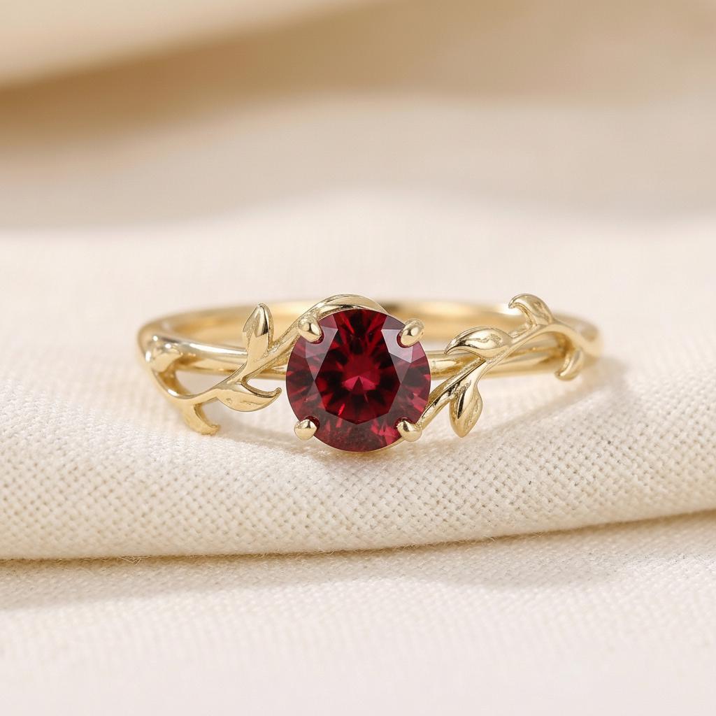 0.8ct Round Garnet Ring, January Birthstone Promise Ring, Nature Inspired Vine Ring, Vintage Stackable Gemstone Ring for Her