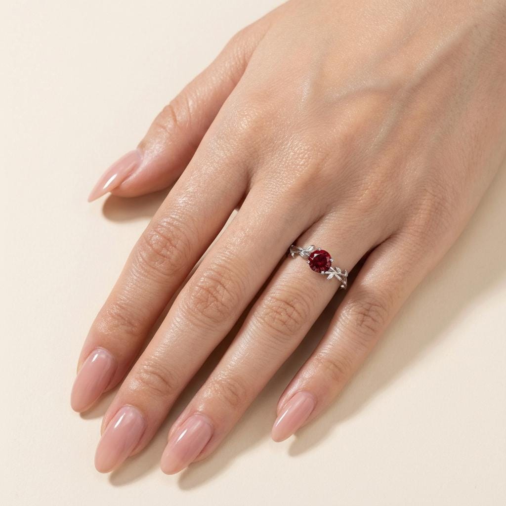 0.8ct Round Garnet Ring, January Birthstone Promise Ring, Nature Inspired Vine Ring, Vintage Stackable Gemstone Ring for Her