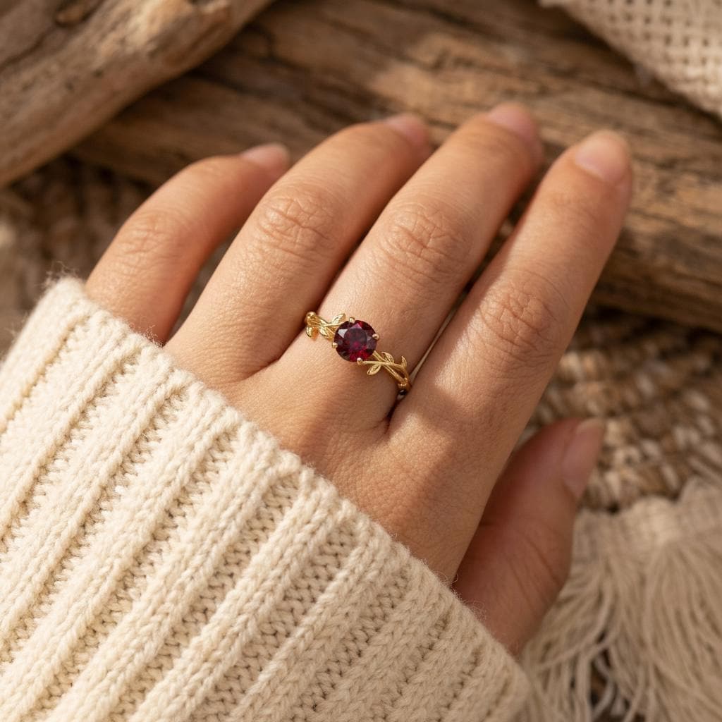 0.8ct Round Garnet Ring, January Birthstone Promise Ring, Nature Inspired Vine Ring, Vintage Stackable Gemstone Ring for Her
