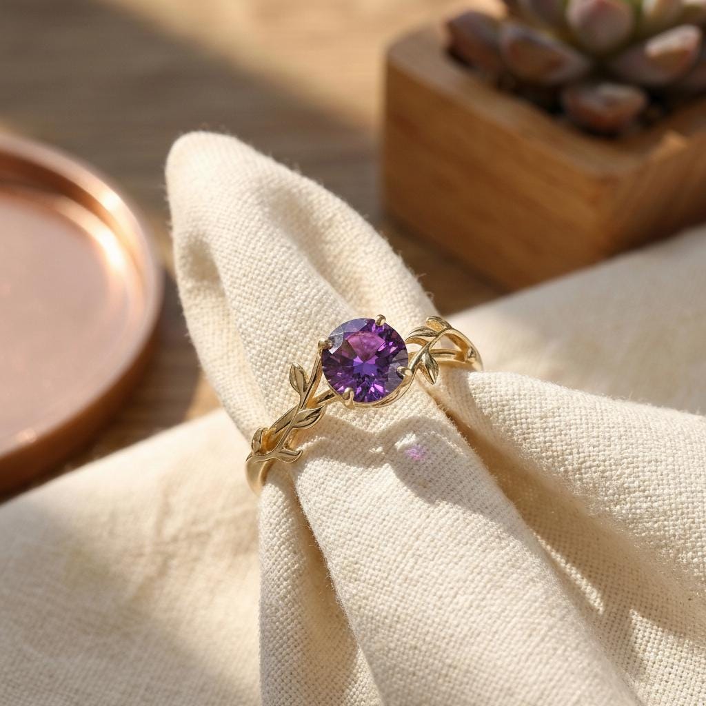 0.8ct Amethyst Ring,  14K Sold Gold Vintage Round Amethyst Ring, Nature Inspired Vine Stacking Ring, February Birthstone