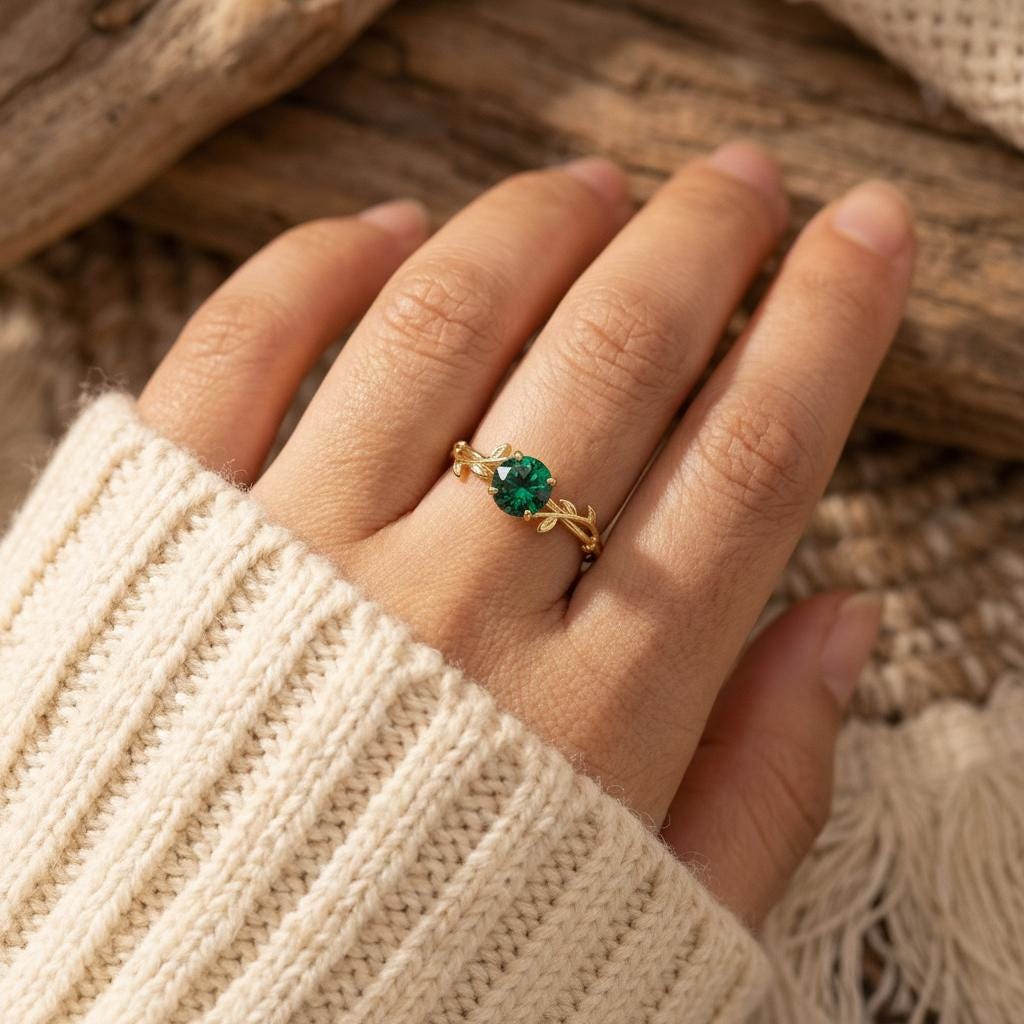0.8ct Round Emerald Ring, May Birthstone Promise Ring, Nature Inspired Vine Ring, Vintage Stackable Gemstone Ring for Her