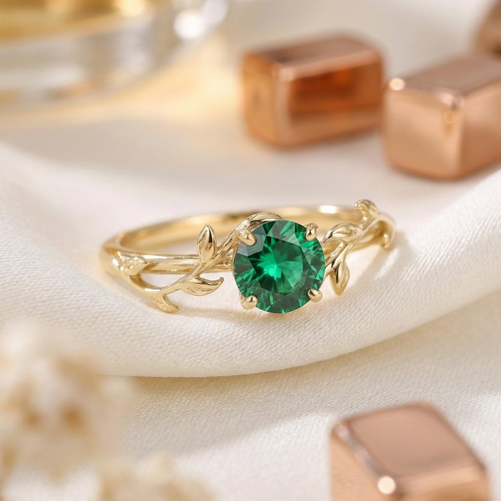 0.8ct Round Emerald Ring, May Birthstone Promise Ring, Nature Inspired Vine Ring, Vintage Stackable Gemstone Ring for Her