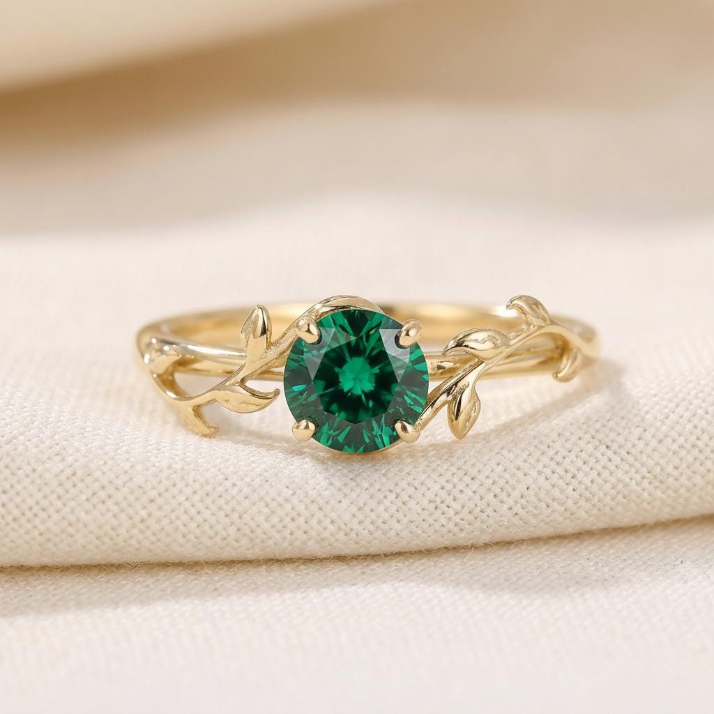 0.8ct Round Emerald Ring, May Birthstone Promise Ring, Nature Inspired Vine Ring, Vintage Stackable Gemstone Ring for Her