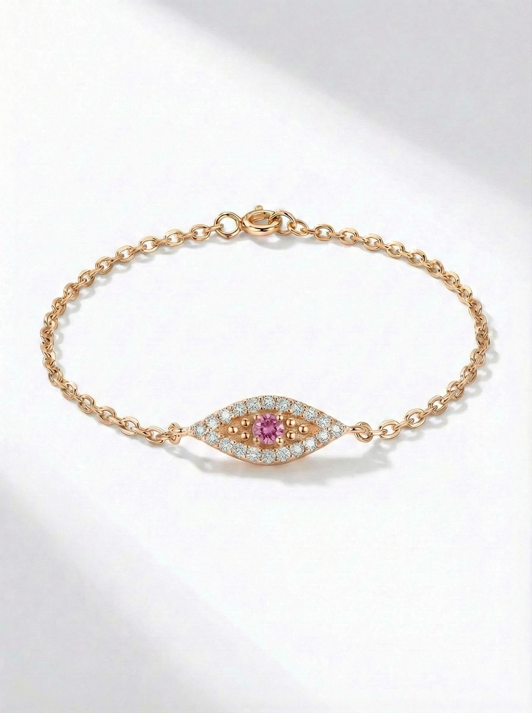 Pink Tourmaline Evil Eye Bracelet, 14K Gold Micro Pave Diamond Bracelet, Protective Talisman Jewelry, Gift For Her, October Birthstone