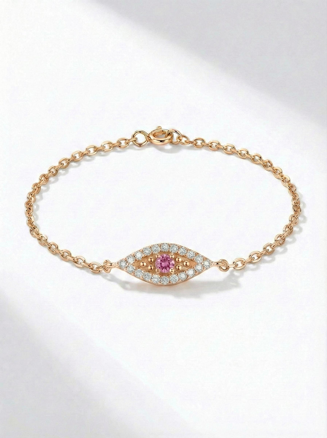 Pink Tourmaline Evil Eye Bracelet, 14K Gold Micro Pave Diamond Bracelet, Protective Talisman Jewelry, Gift For Her, October Birthstone