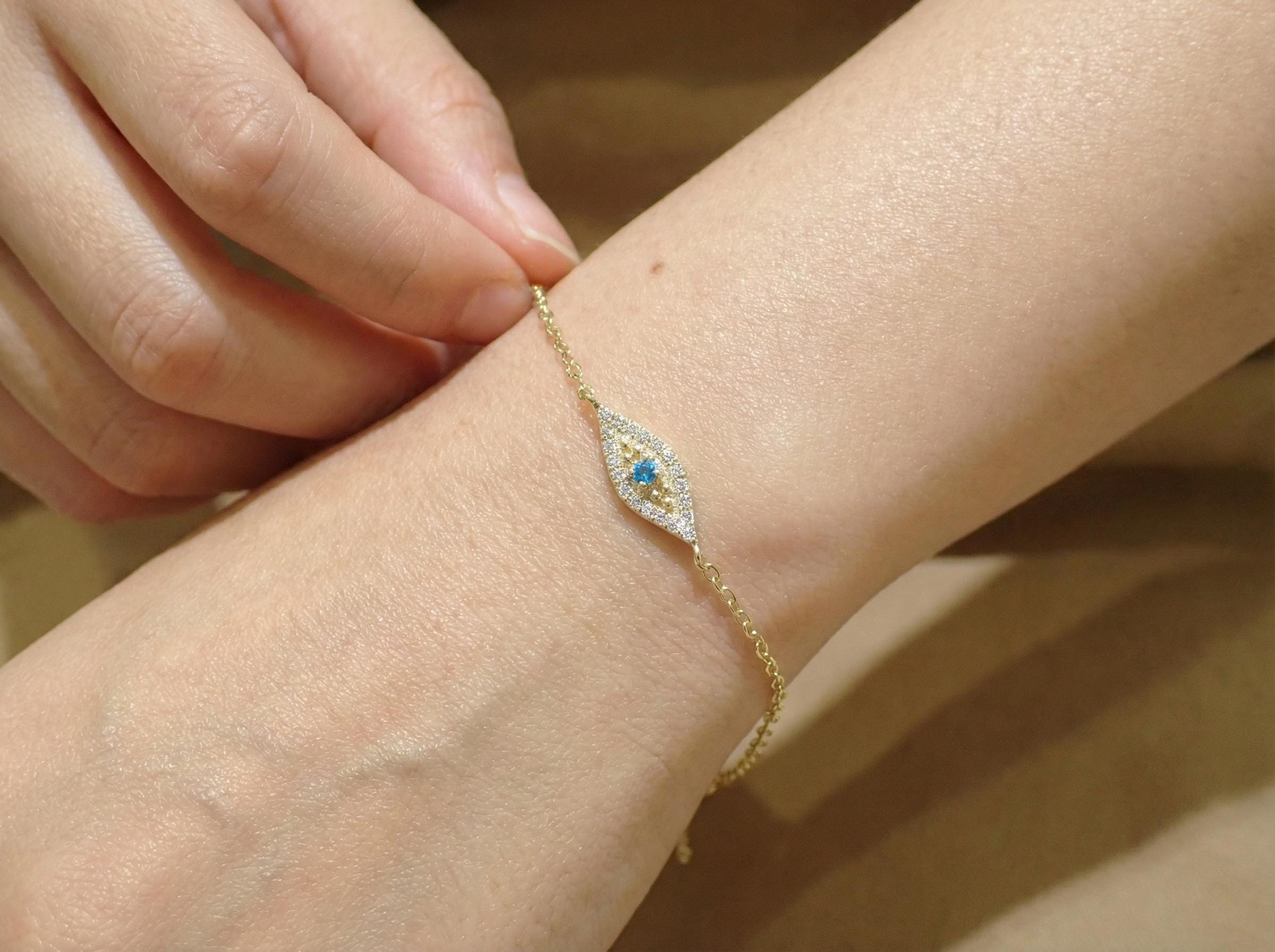 Blue Topaz Evil Eye Bracelet, December Birthstone Jewelry, 14K Gold Protection Bracelet, Self Love Gift for Her