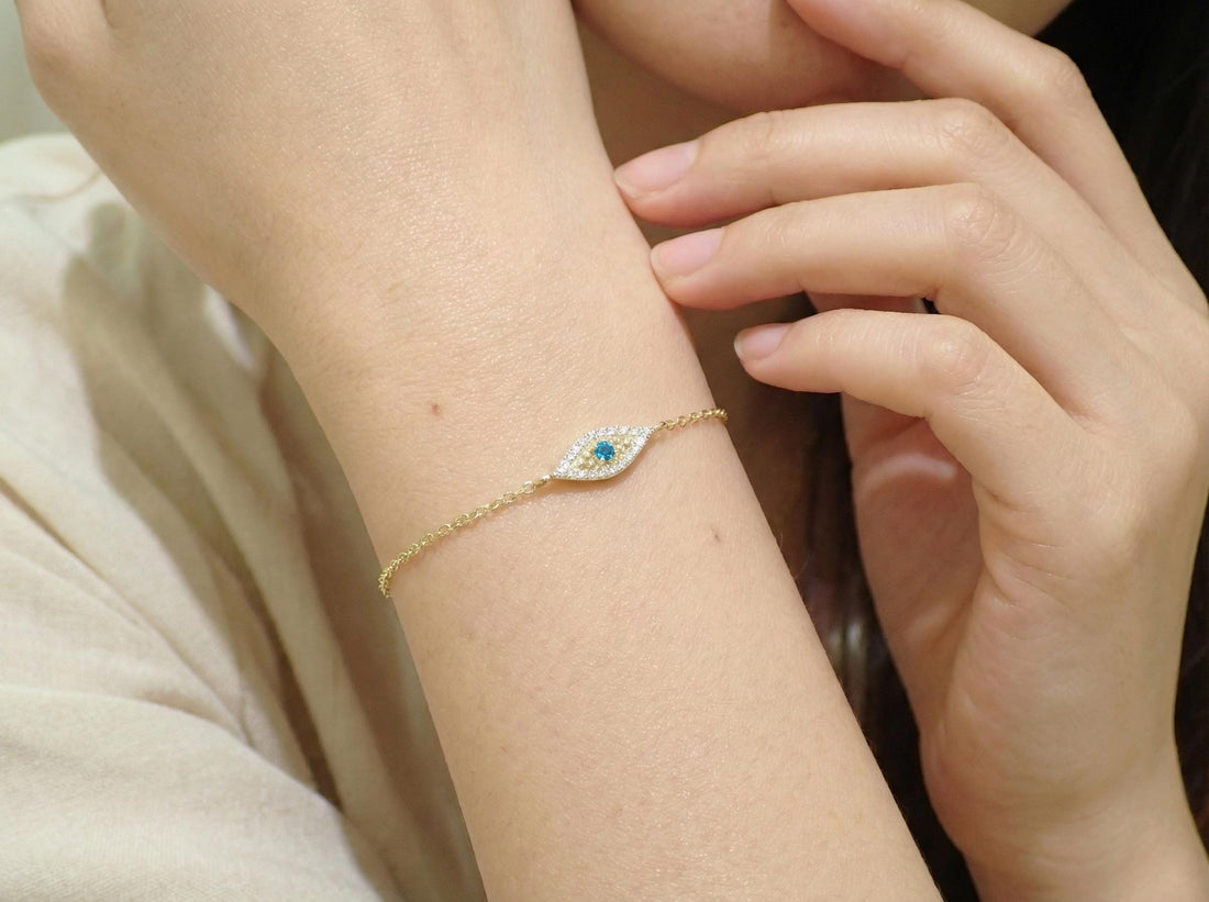 Blue Topaz Evil Eye Bracelet, December Birthstone Jewelry, 14K Gold Protection Bracelet, Self Love Gift for Her