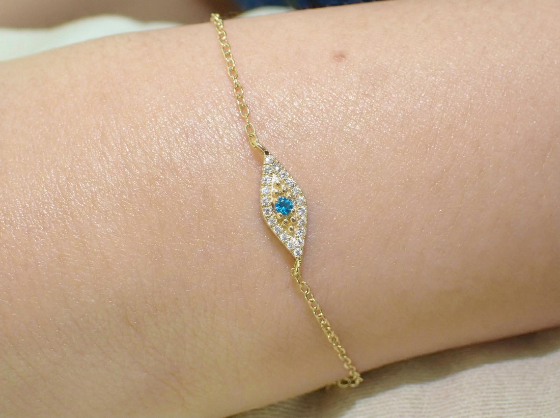 Blue Topaz Evil Eye Bracelet, December Birthstone Jewelry, 14K Gold Protection Bracelet, Self Love Gift for Her