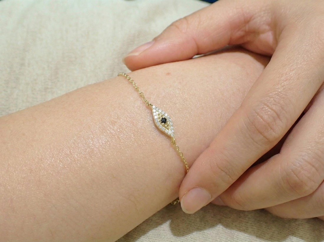 Black Diamond Evil Eye Bracelet, 14K Gold Protection Bracelet, Micro Pave Diamond Jewelry, Good Luck Gift for Her