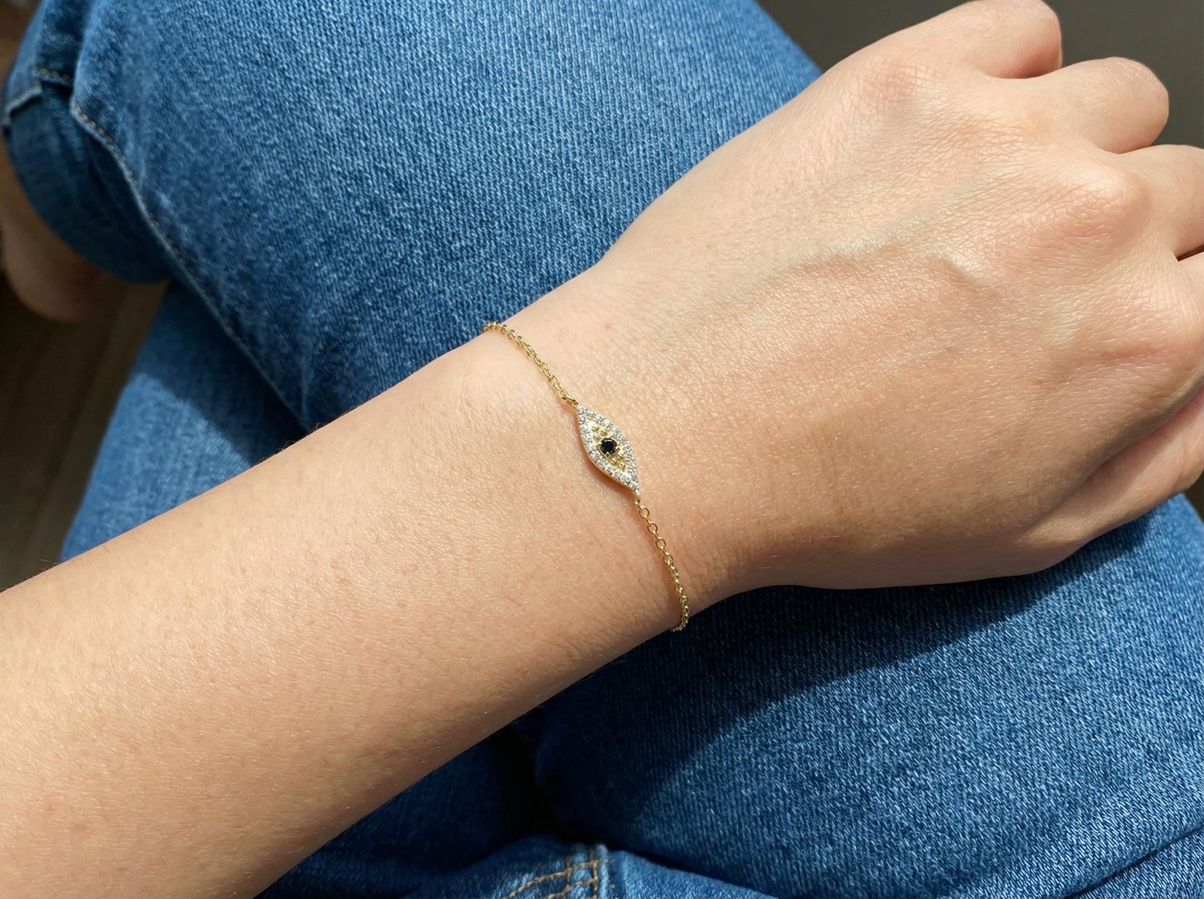Black Diamond Evil Eye Bracelet, 14K Gold Protection Bracelet, Micro Pave Diamond Jewelry, Good Luck Gift for Her
