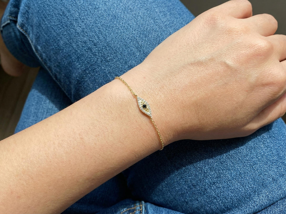 Black Diamond Evil Eye Bracelet, 14K Gold Protection Bracelet, Micro Pave Diamond Jewelry, Good Luck Gift for Her