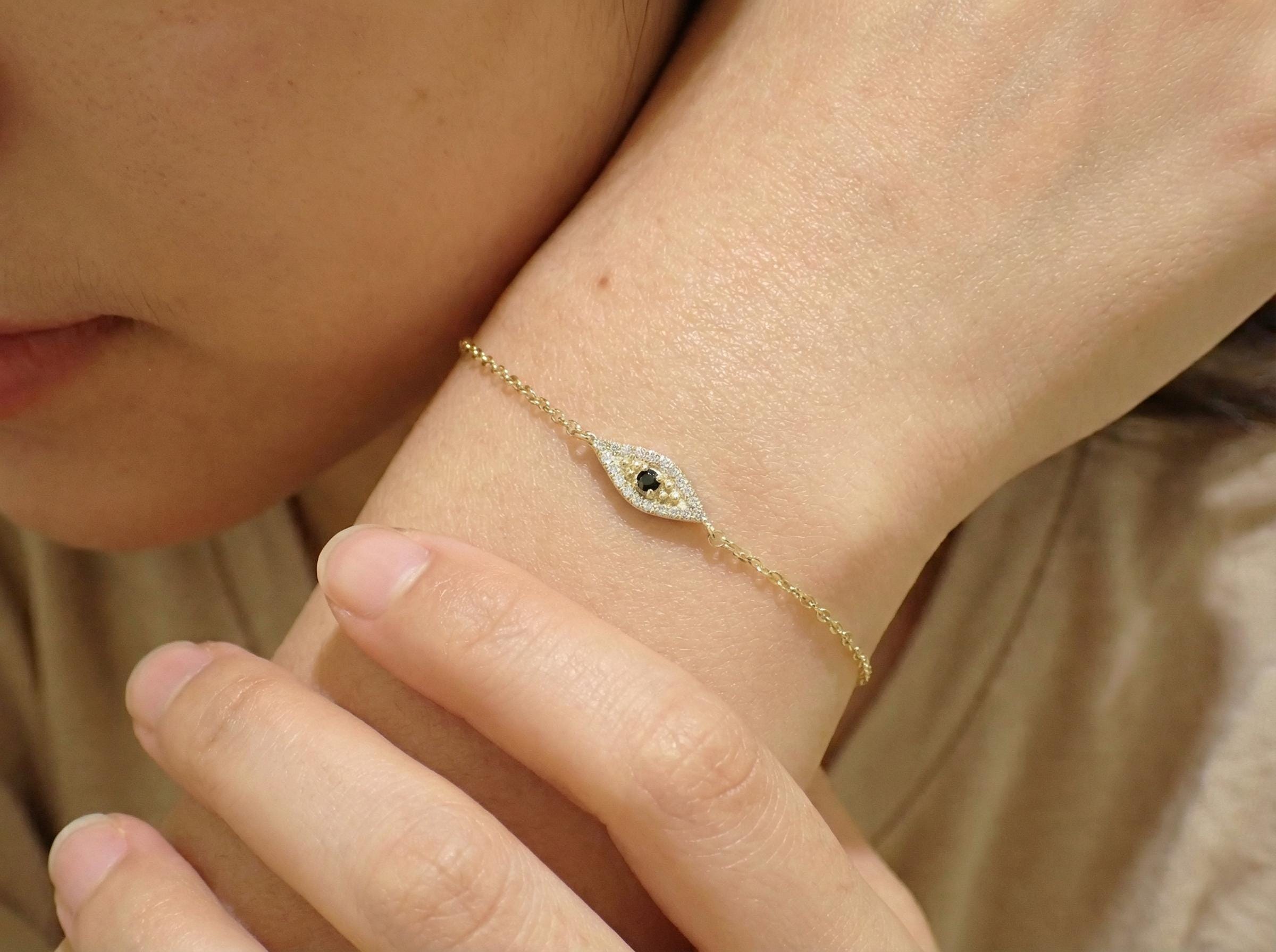 Black Diamond Evil Eye Bracelet, 14K Gold Protection Bracelet, Micro Pave Diamond Jewelry, Good Luck Gift for Her