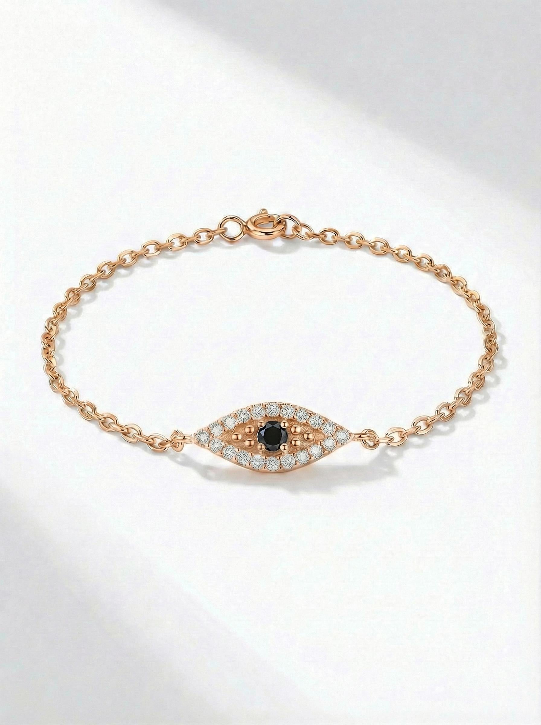 Black Diamond Evil Eye Bracelet, 14K Gold Protection Bracelet, Micro Pave Diamond Jewelry, Good Luck Gift for Her
