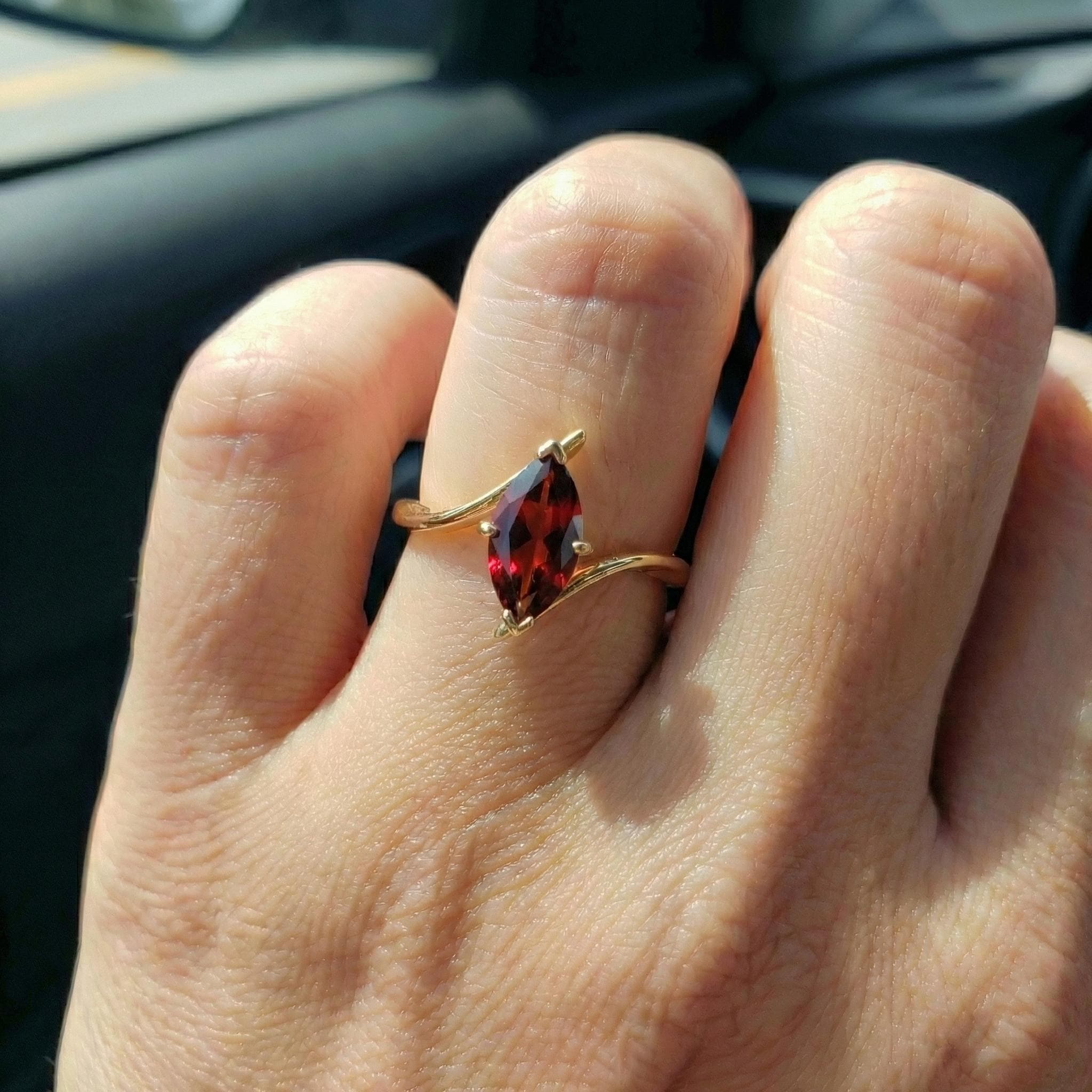 1.5ct Garnet Ring, Marquise Cut Garnet Solitaire, Curved Bypass Band, January Birthstone, 14K Gold Nature Inspired Ring