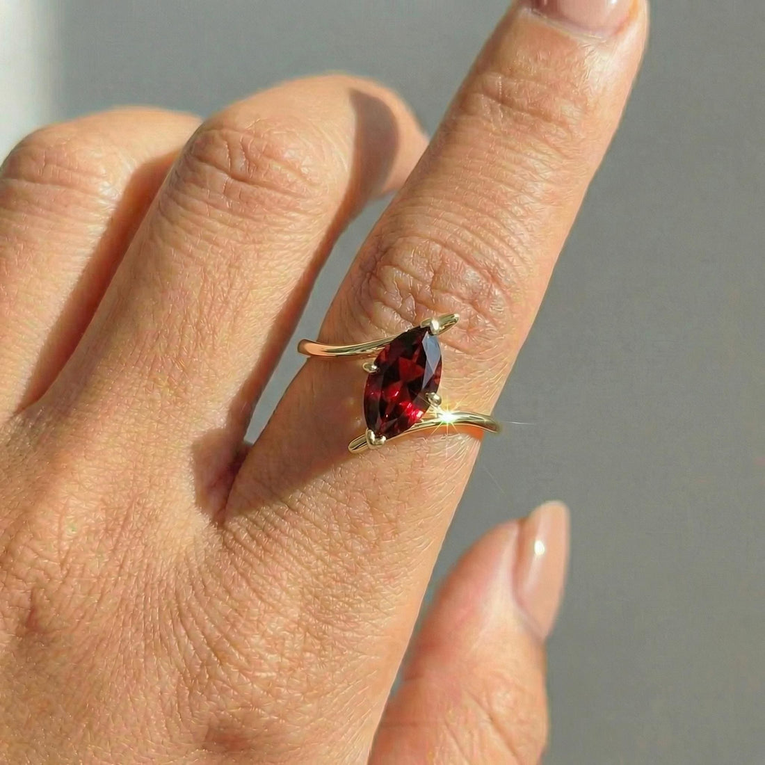 1.5ct Garnet Ring, Marquise Cut Garnet Solitaire, Curved Bypass Band, January Birthstone, 14K Gold Nature Inspired Ring