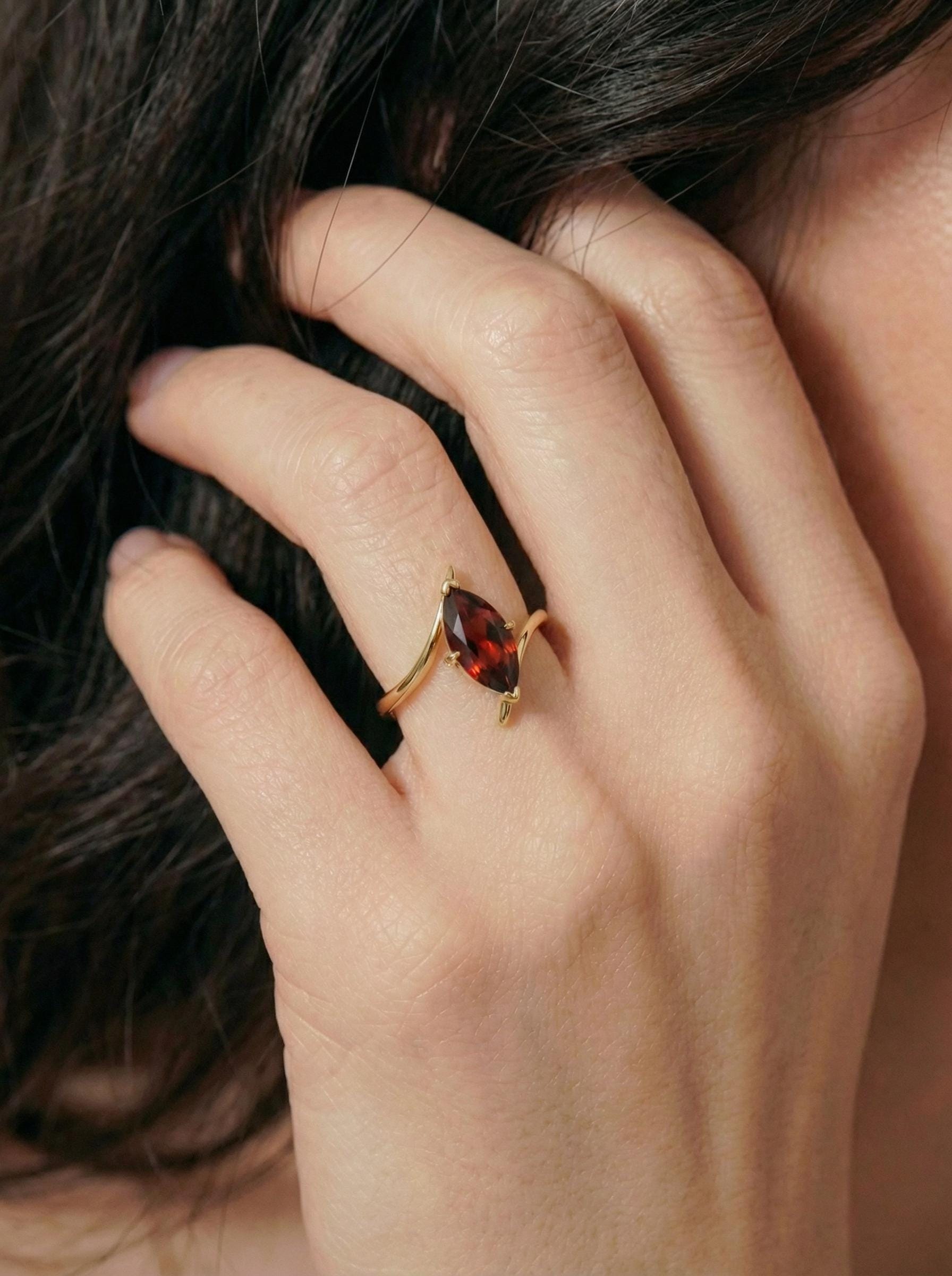 1.5ct Garnet Ring, Marquise Cut Garnet Solitaire, Curved Bypass Band, January Birthstone, 14K Gold Nature Inspired Ring
