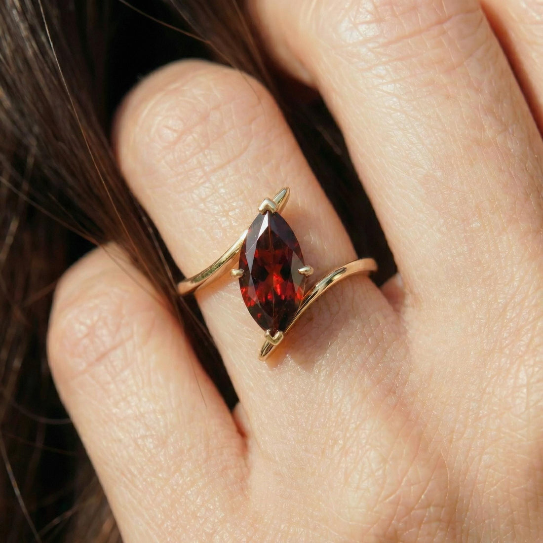 1.5ct Garnet Ring, Marquise Cut Garnet Solitaire, Curved Bypass Band, January Birthstone, 14K Gold Nature Inspired Ring