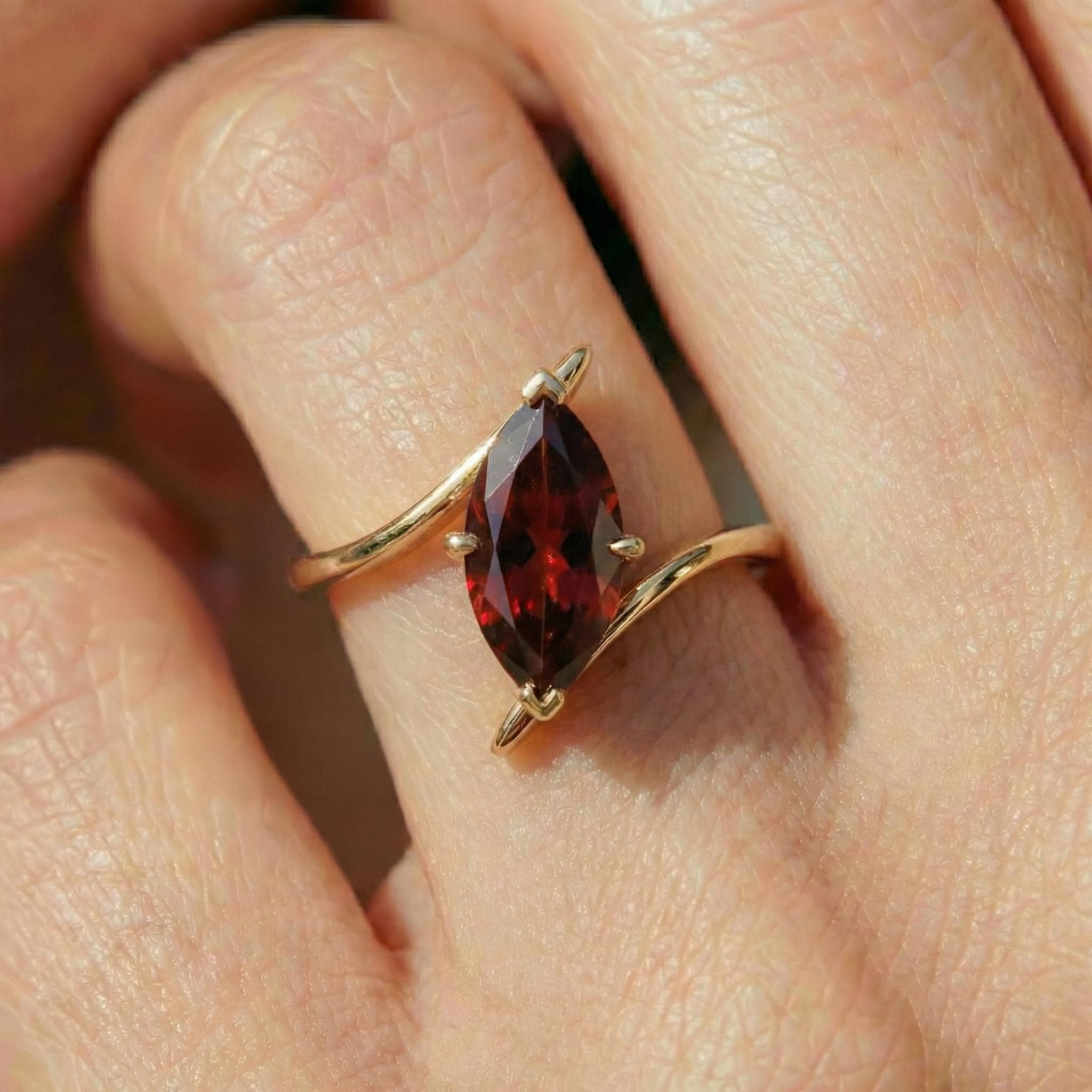 1.5ct Garnet Ring, Marquise Cut Garnet Solitaire, Curved Bypass Band, January Birthstone, 14K Gold Nature Inspired Ring