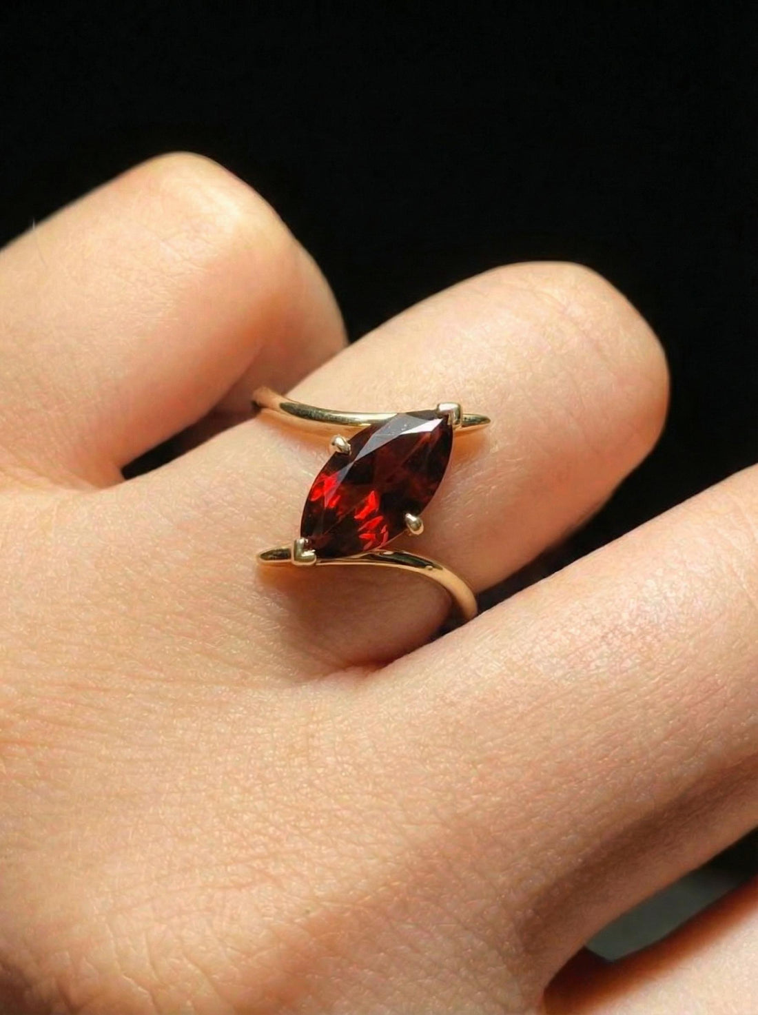 1.5ct Garnet Ring, Marquise Cut Garnet Solitaire, Curved Bypass Band, January Birthstone, 14K Gold Nature Inspired Ring