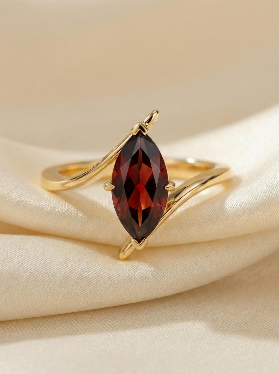 1.5ct Garnet Ring, Marquise Cut Garnet Solitaire, Curved Bypass Band, January Birthstone, 14K Gold Nature Inspired Ring
