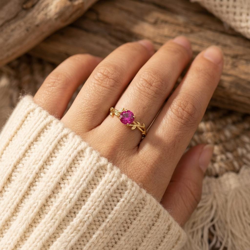 0.8ct Pink Tourmaline Ring, October Birthstone Ring, Vintage Nature Inspired Vine Ring, Dainty Stackable Gift for Her