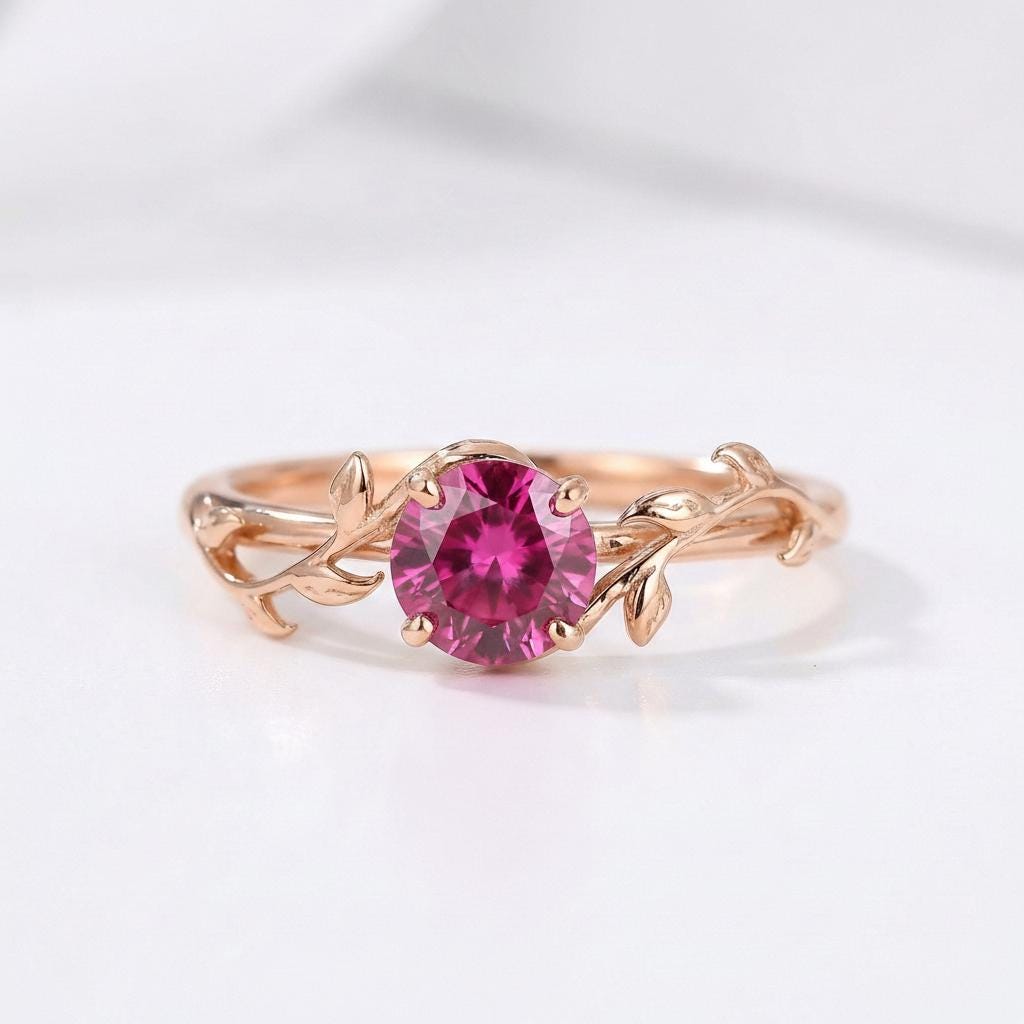0.8ct Pink Tourmaline Ring, October Birthstone Ring, Vintage Nature Inspired Vine Ring, Dainty Stackable Gift for Her