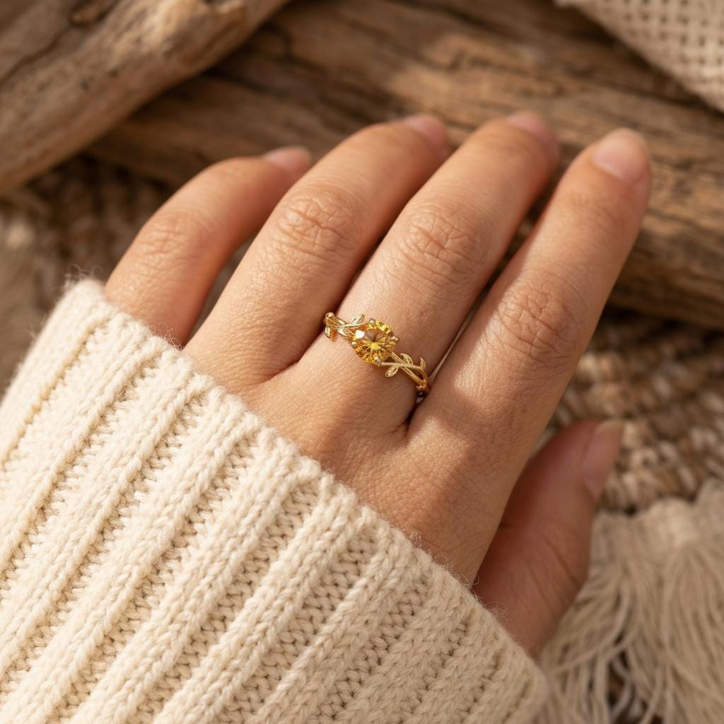 0.8ct Citrine Ring, Vintage Round Citrine Ring, Nature Inspired Vine Stacking Ring, November Birthstone Ring