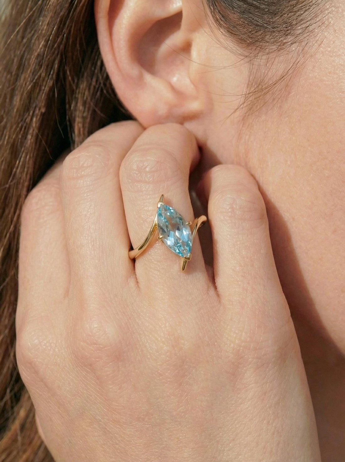 1.5ct Aquamarine Ring, Marquise Cut Aquamarine Solitaire, Curved Bypass Band, March Birthstone, 14K Gold Nature Inspired Ring