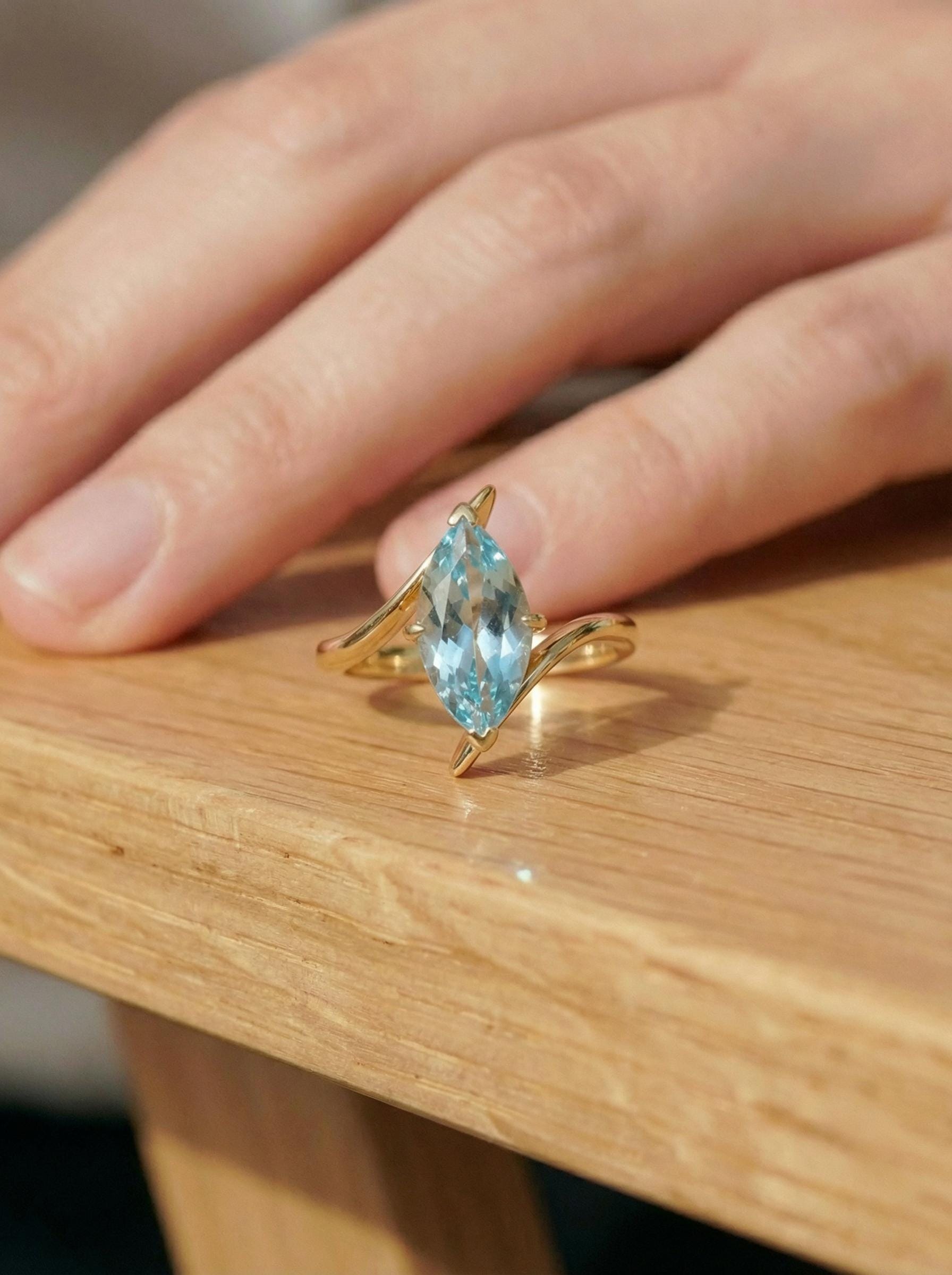 1.5ct Aquamarine Ring, Marquise Cut Aquamarine Solitaire, Curved Bypass Band, March Birthstone, 14K Gold Nature Inspired Ring