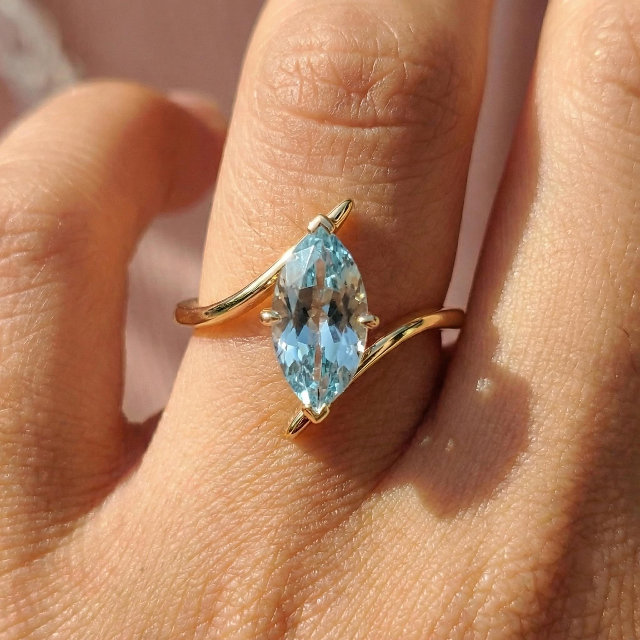 1.5ct Aquamarine Ring, Marquise Cut Aquamarine Solitaire, Curved Bypass Band, March Birthstone, 14K Gold Nature Inspired Ring