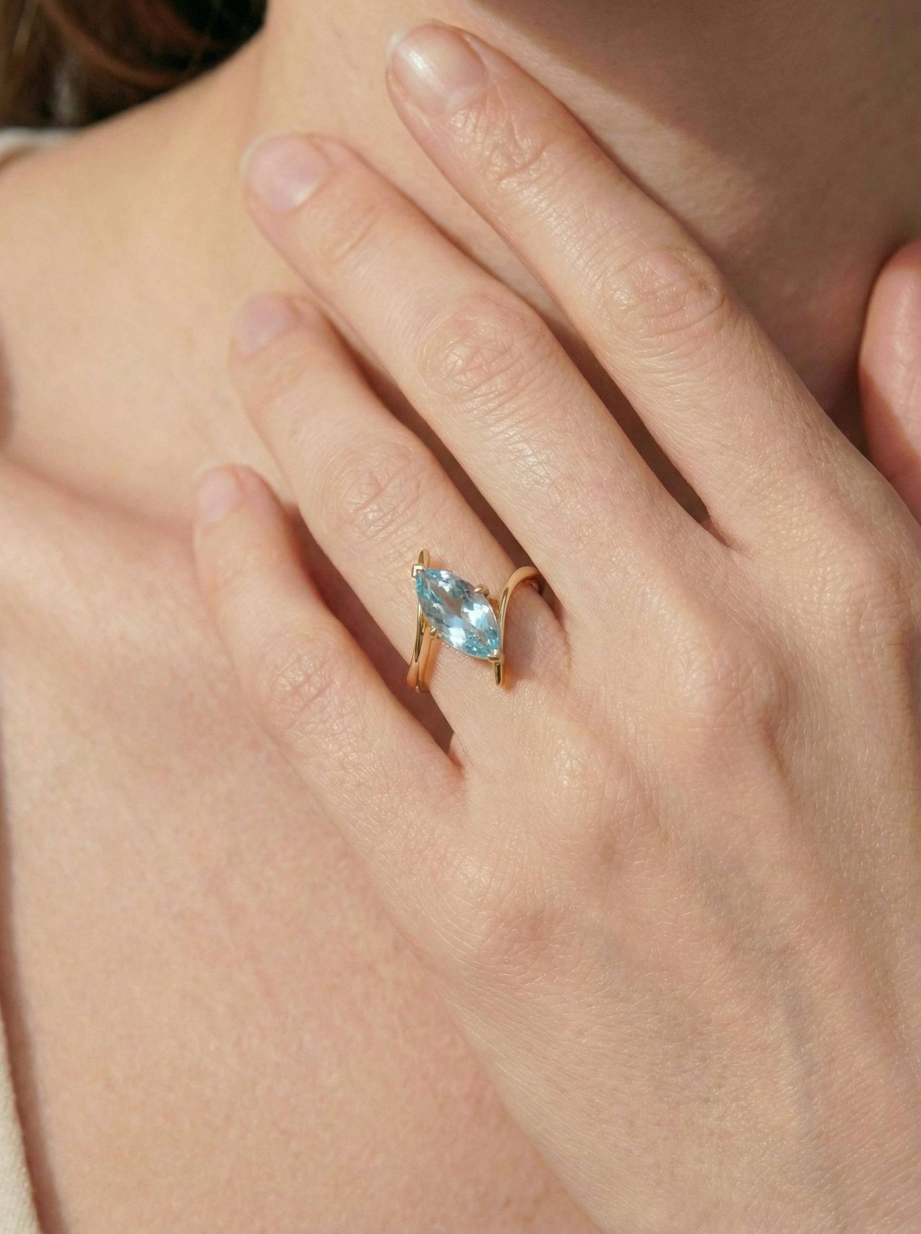 1.5ct Aquamarine Ring, Marquise Cut Aquamarine Solitaire, Curved Bypass Band, March Birthstone, 14K Gold Nature Inspired Ring