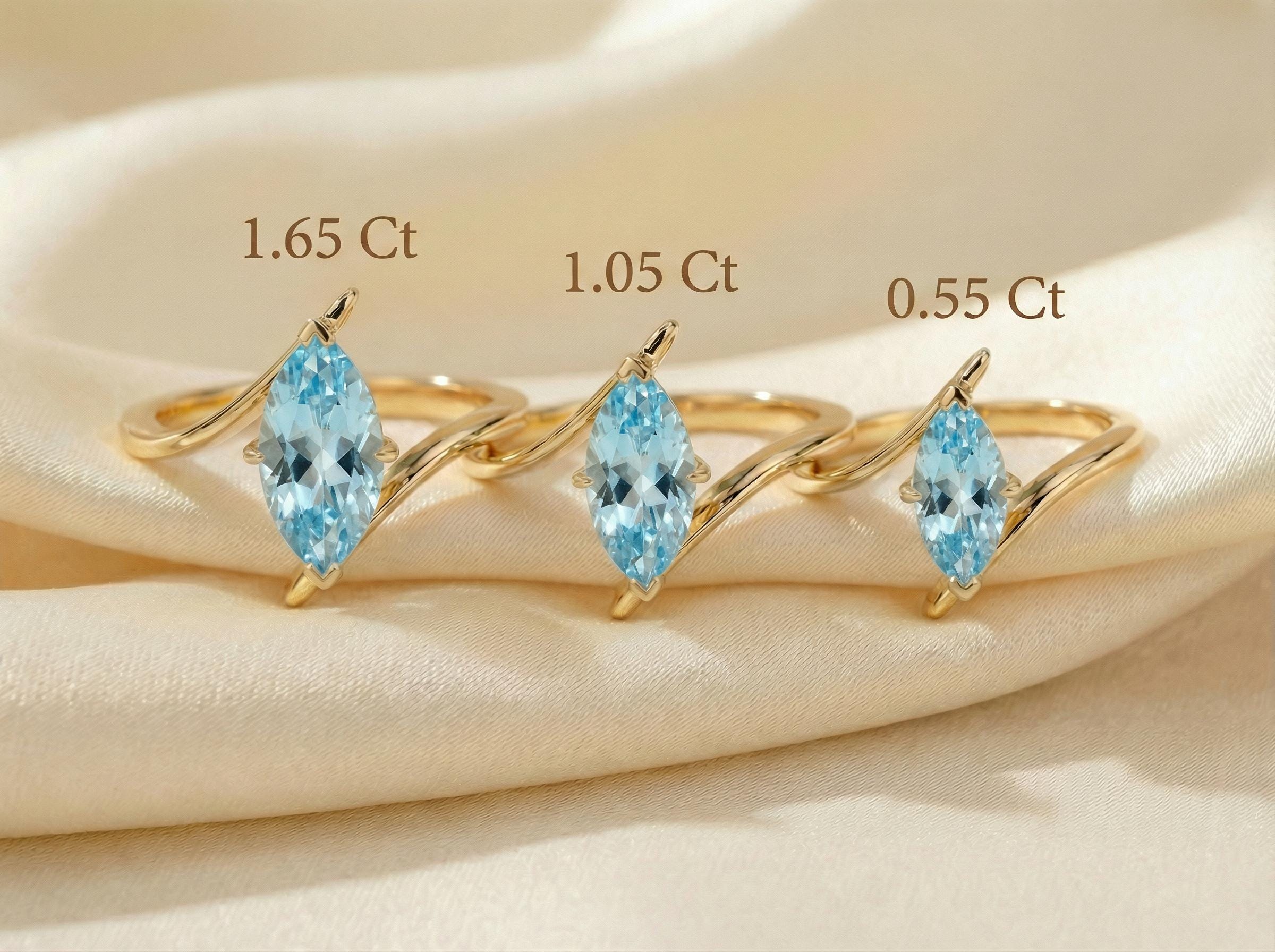 1.5ct Aquamarine Ring, Marquise Cut Aquamarine Solitaire, Curved Bypass Band, March Birthstone, 14K Gold Nature Inspired Ring