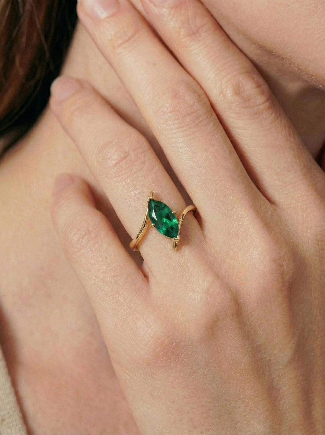 1.5ct Emerald Ring, Marquise Cut Emerald Solitaire, Curved Bypass Band, May Birthstone, 14K Gold Nature Inspired Ring