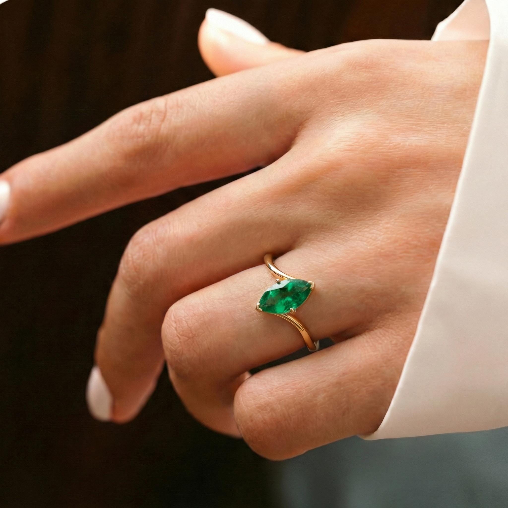 1.5ct Emerald Ring, Marquise Cut Emerald Solitaire, Curved Bypass Band, May Birthstone, 14K Gold Nature Inspired Ring