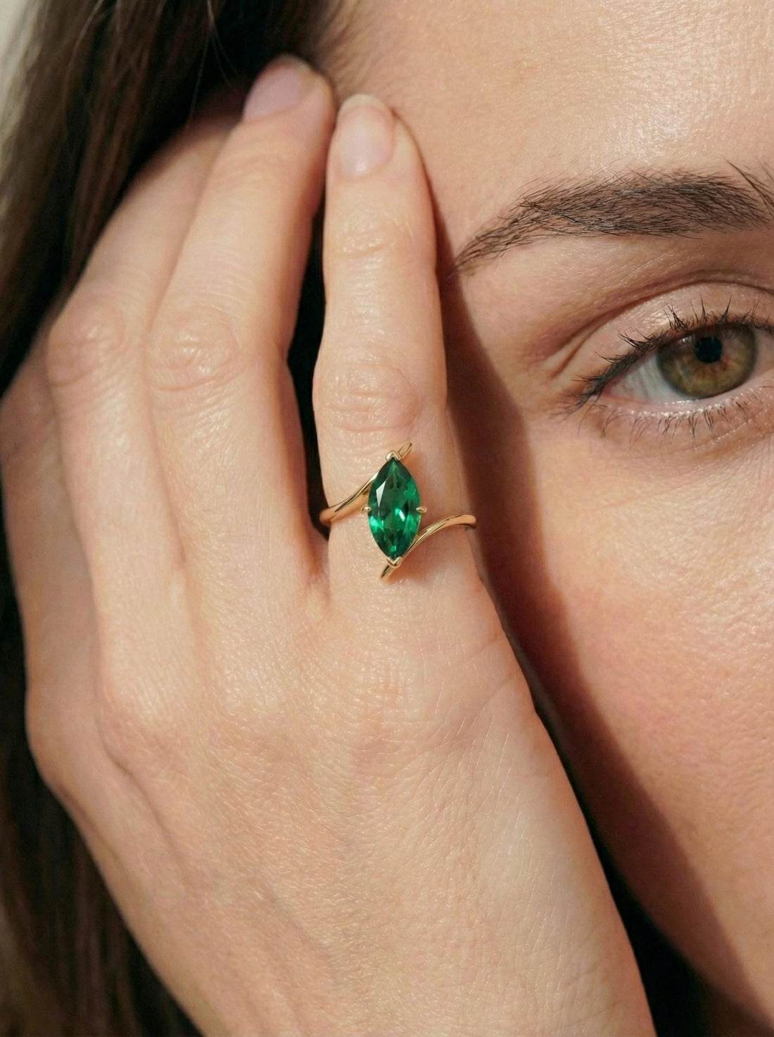 1.5ct Emerald Ring, Marquise Cut Emerald Solitaire, Curved Bypass Band, May Birthstone, 14K Gold Nature Inspired Ring