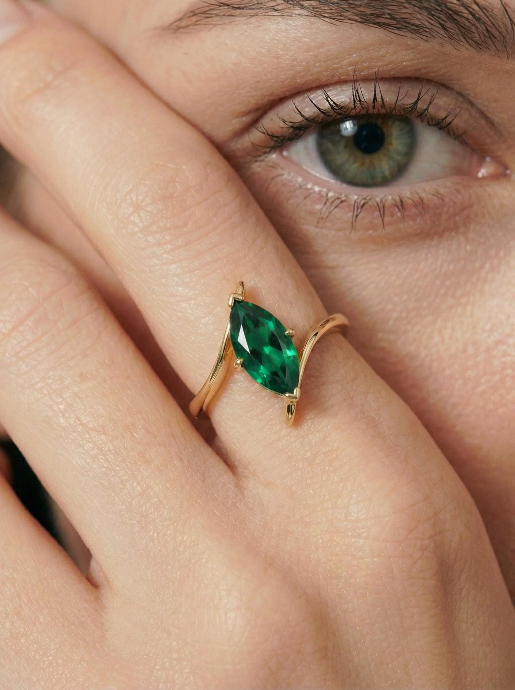1.5ct Emerald Ring, Marquise Cut Emerald Solitaire, Curved Bypass Band, May Birthstone, 14K Gold Nature Inspired Ring