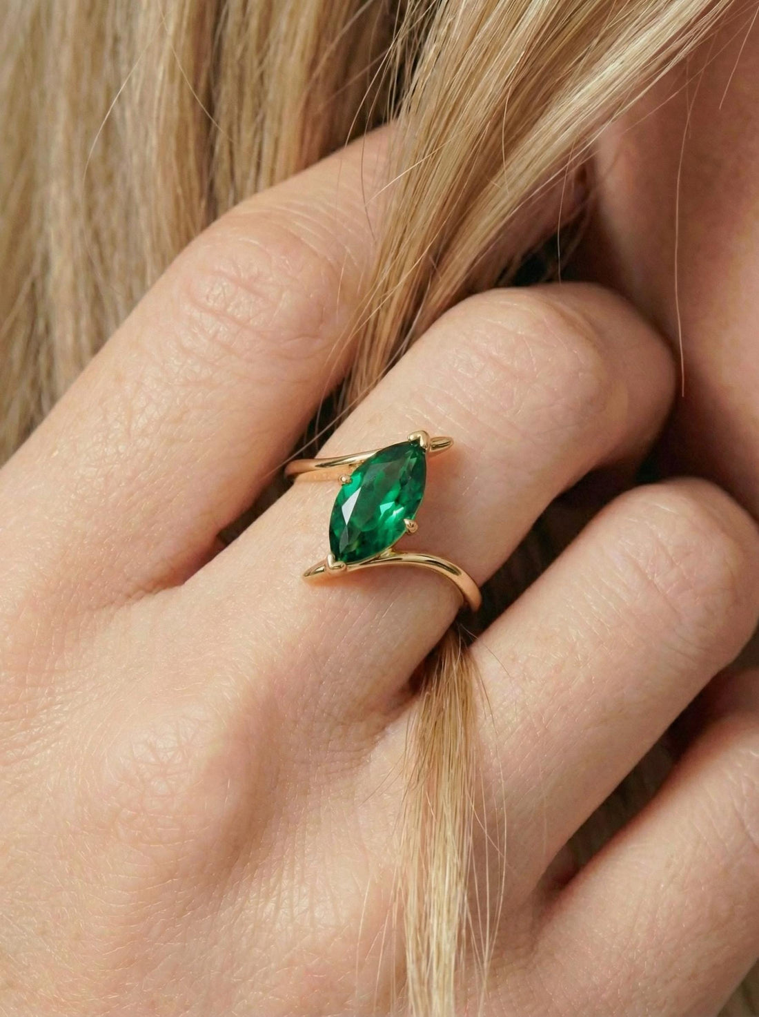 1.5ct Emerald Ring, Marquise Cut Emerald Solitaire, Curved Bypass Band, May Birthstone, 14K Gold Nature Inspired Ring