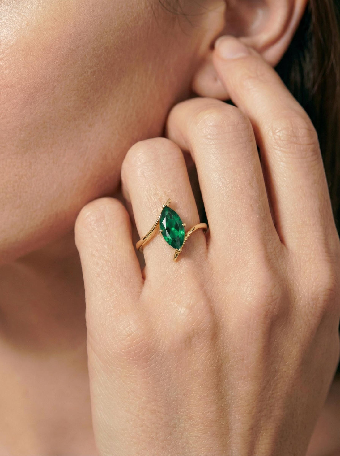 1.5ct Emerald Ring, Marquise Cut Emerald Solitaire, Curved Bypass Band, May Birthstone, 14K Gold Nature Inspired Ring
