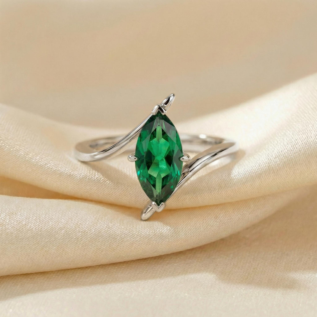 1.5ct Emerald Ring, Marquise Cut Emerald Solitaire, Curved Bypass Band, May Birthstone, 14K Gold Nature Inspired Ring