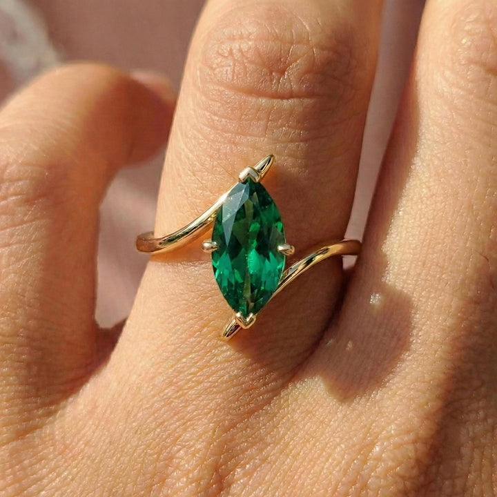 1.5ct Emerald Ring, Marquise Cut Emerald Solitaire, Curved Bypass Band, May Birthstone, 14K Gold Nature Inspired Ring