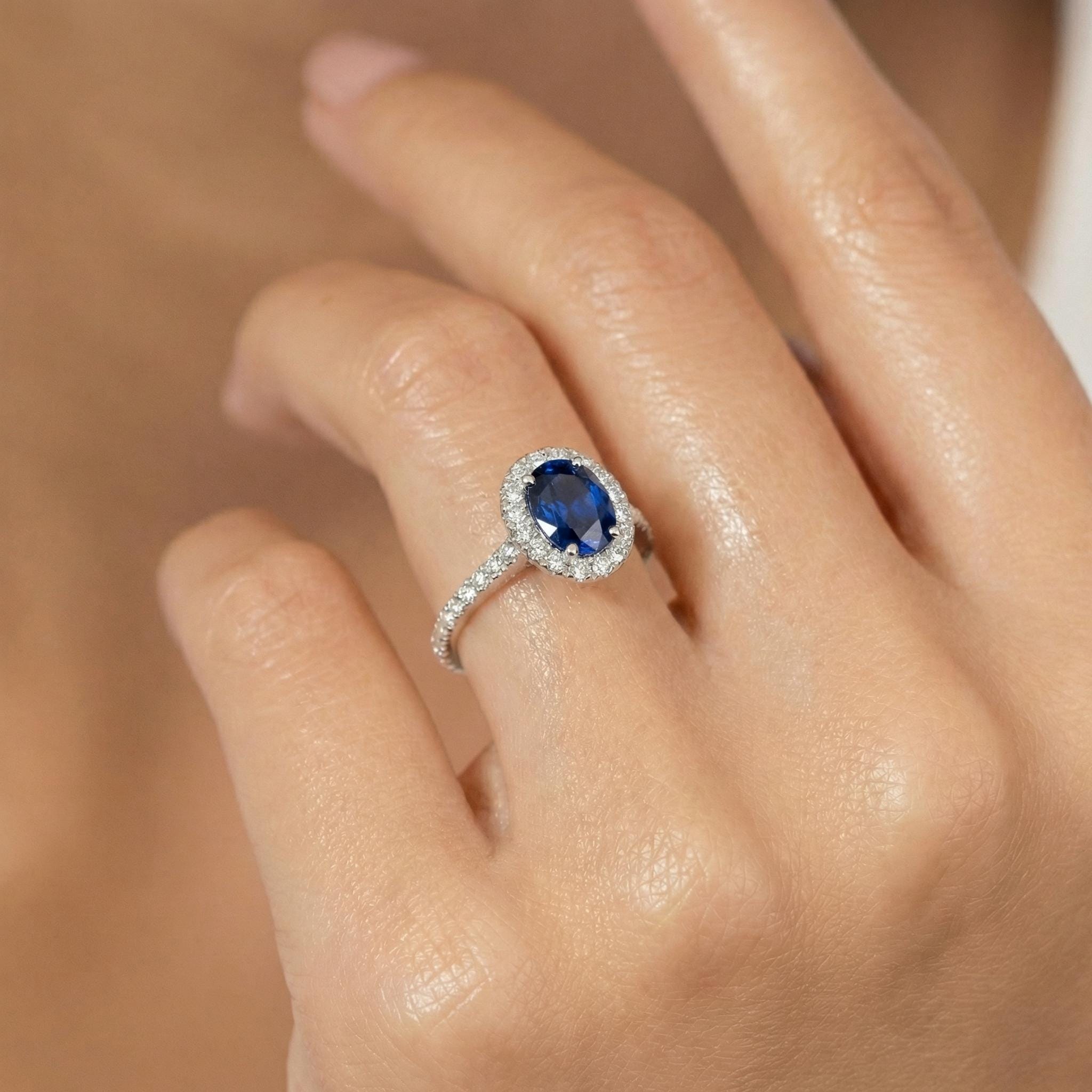 Sapphire Engagement Ring Perfect Travel Ring Proposal Jewelry Royal Blue Oval Cut Halo September Birthstone Promise Gift