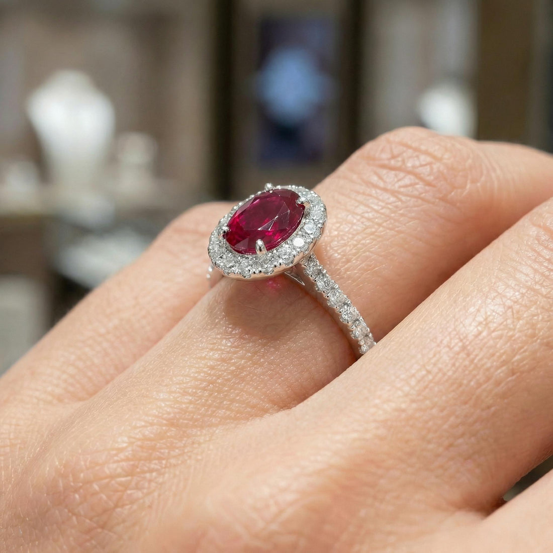 1.25CT Ruby Engagement Ring Travel Ring Oval Halo Pave Bridal Gift