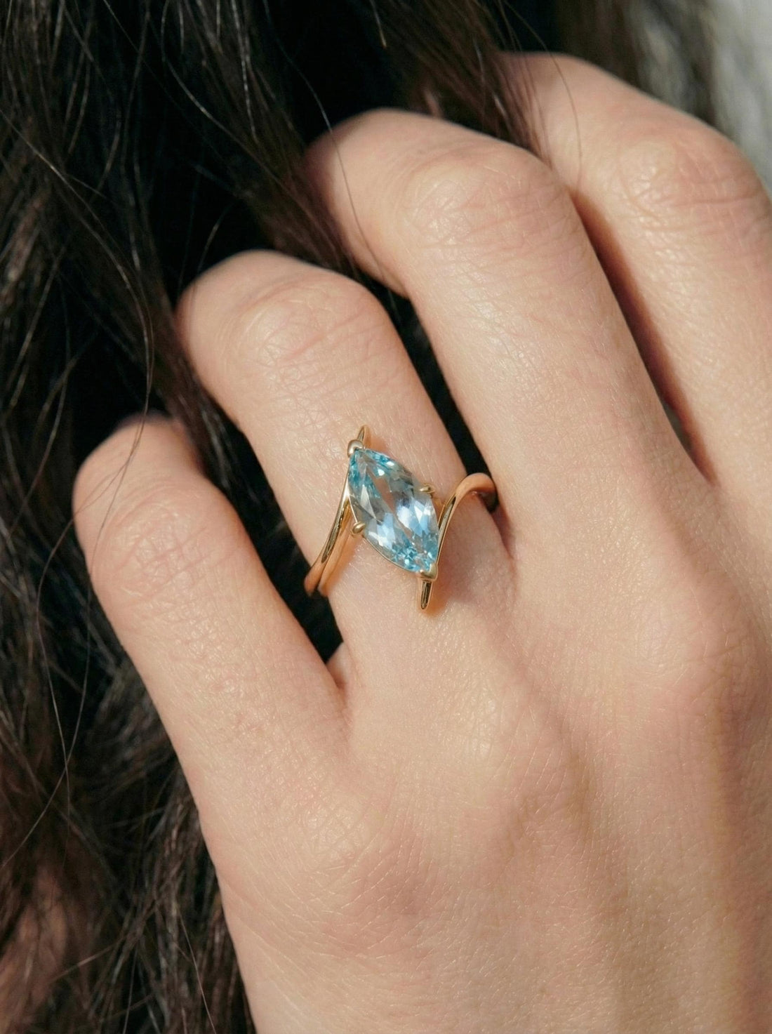 1.5ct Aquamarine Ring, Marquise Cut Aquamarine Solitaire, Curved Bypass Band, March Birthstone, 14K Gold Nature Inspired Ring