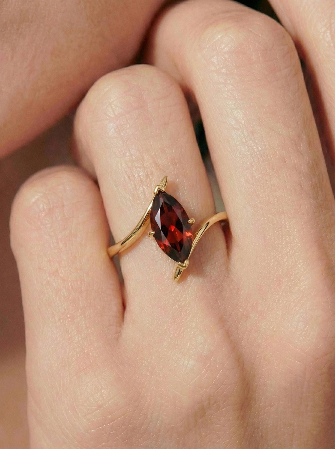 1.5ct Garnet Ring, Marquise Cut Garnet Solitaire, Curved Bypass Band, January Birthstone, 14K Gold Nature Inspired Ring