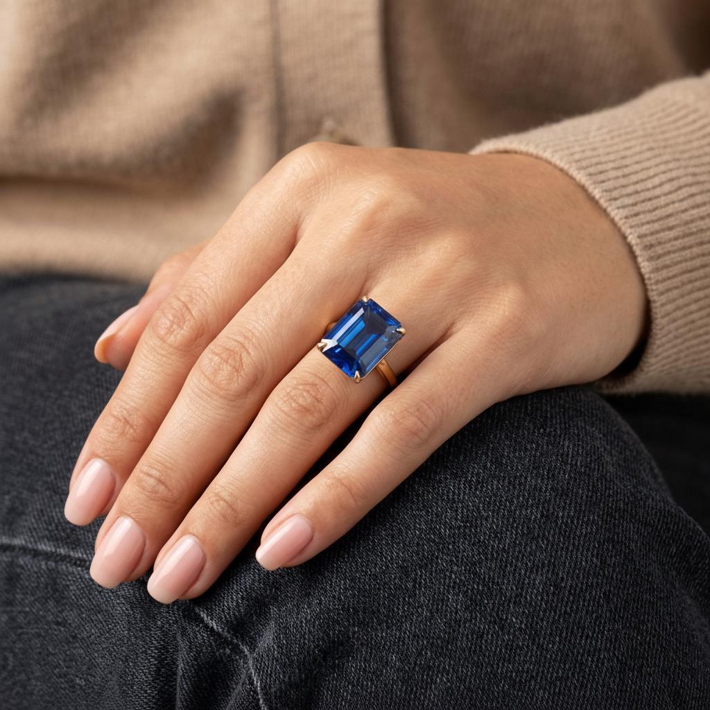 Large Emerald Cut Blue Zircon Ring, 12x16mm Statement Ring, December Birthstone Ring, 14K Gold Gift for Mom