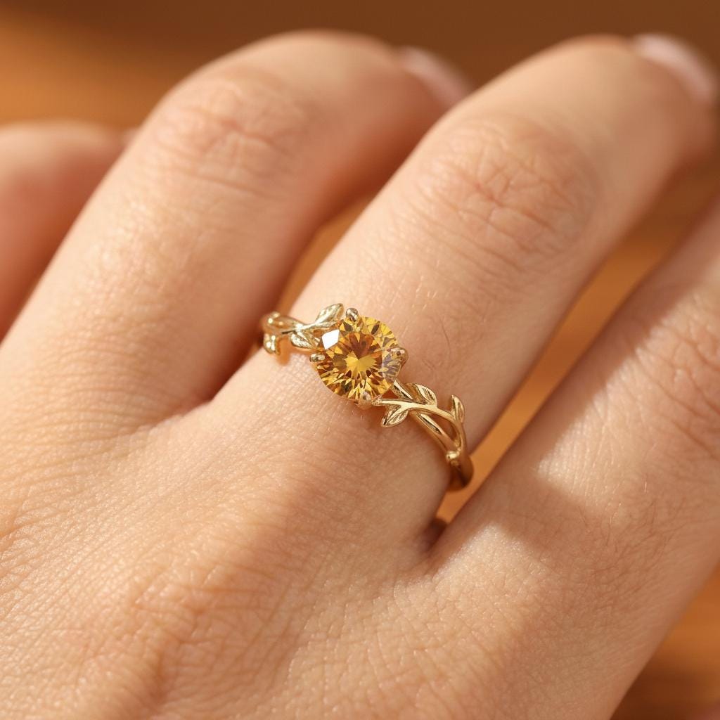 0.8ct Citrine Ring, Vintage Round Citrine Ring, Nature Inspired Vine Stacking Ring, November Birthstone Ring