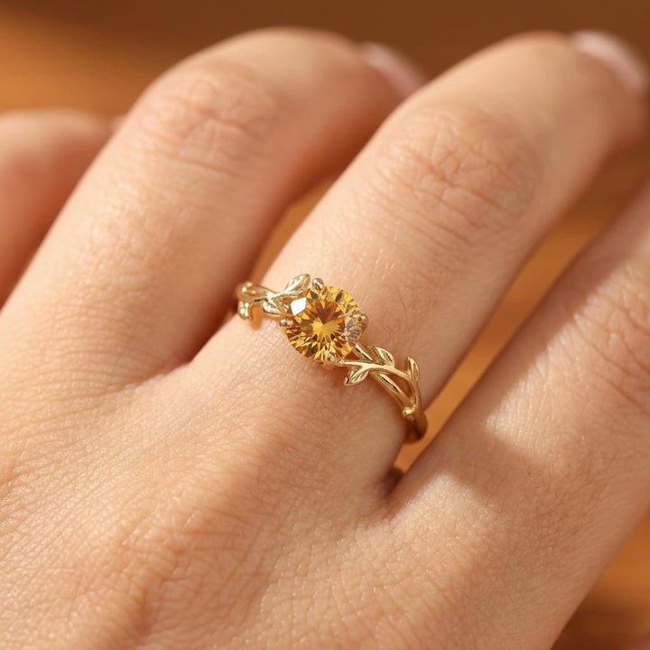 0.8ct Citrine Ring, Vintage Round Citrine Ring, Nature Inspired Vine Stacking Ring, November Birthstone Ring